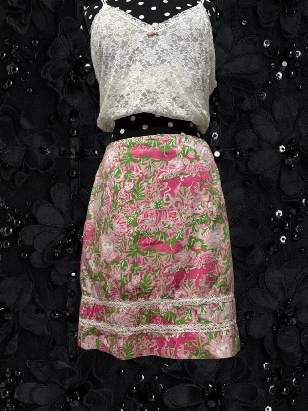 Pink & Green Animal Print Cotton Skirt with Lace Trim